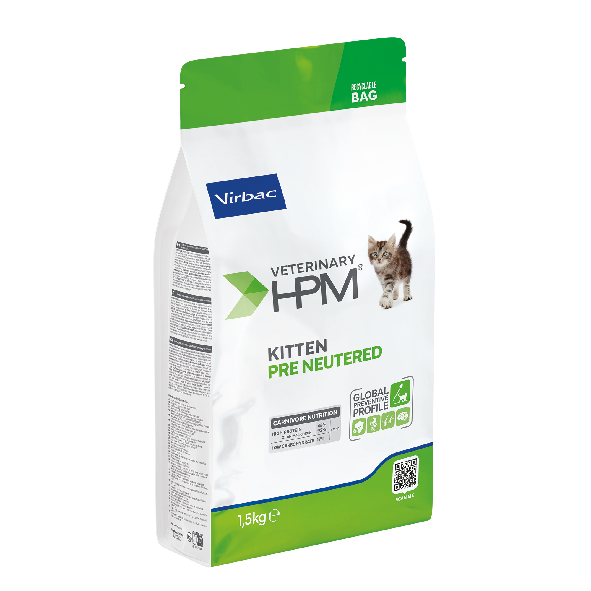 MASCOTAS VIRBAC HPM KITTEN PRE-NEUTERED CAT x 1.5 Kg ALIMENTO MASCOTAS ALIMENTOS VET GATOS