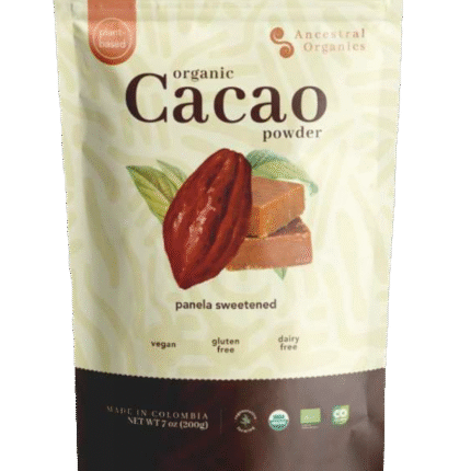 ANCESTRAL ORGANICS CACAO ORGÁNICO EN POLVO, ENDULZADO CON PANELA, SIN GLUTEN, VEGANO, LIBRE DE LACTEOS