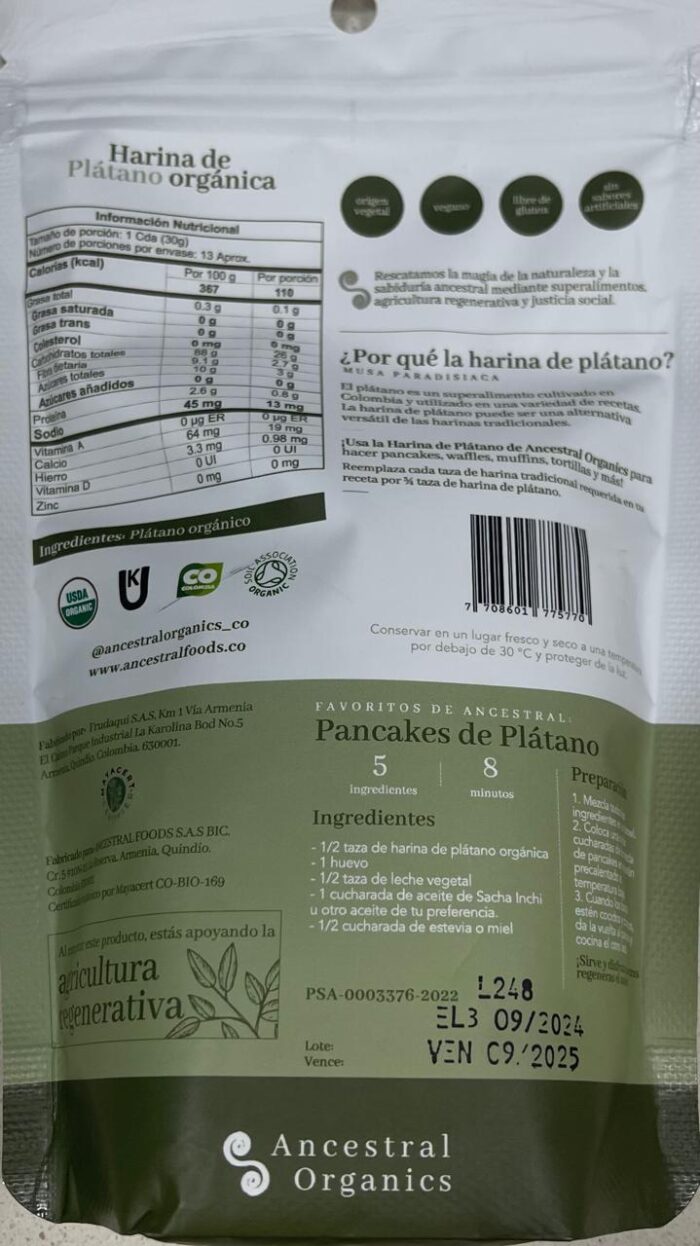 ANCESTRAL ORGANICS HARINA DE PLATANO ORGÁNICA X 200 GR, ALIMENTO SALUDABLE - Imagen 2