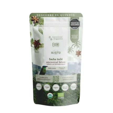 ALIMENTOS Y BEBIDAS BITES DE SACHA INCHI CUBIERTOS CON CHOCOLATE OSCURO, SNACK SALUDABLE CACAO