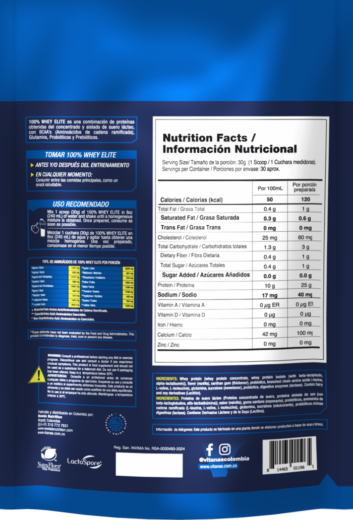 100% WHEY ELITE - Proteina x 2 lbs Vainilla VITANAS - Imagen 2