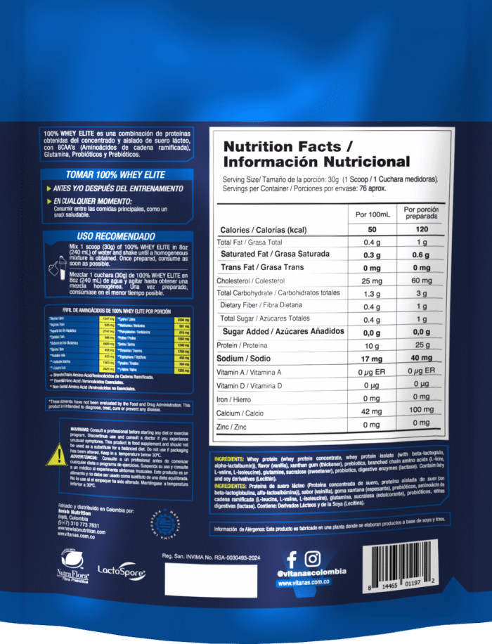 100% WHEY ELITE - Proteina x 5 lbs Vainilla VITANAS - Imagen 2