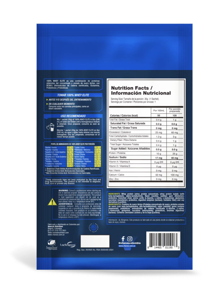100% WHEY ELITE - Proteina Caja x 5 Sachets Vainilla VITANAS - Imagen 2