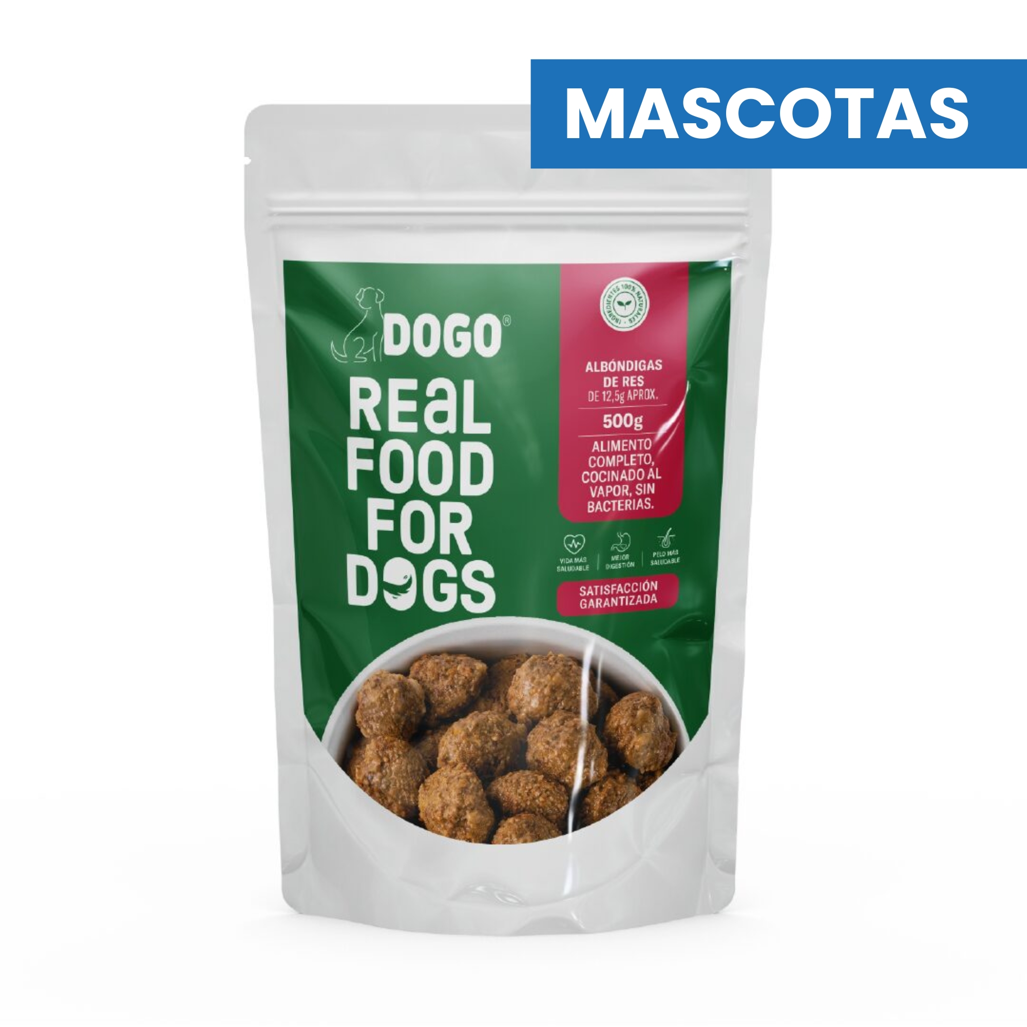 MASCOTAS DOGO Res – Albondigas con Proteina de Res – Sin Conservantes ni Colorantes – Alta Calidad – Lista para Servir – Producto Balanceado y Nutritivo – 500g 100% NATURAL