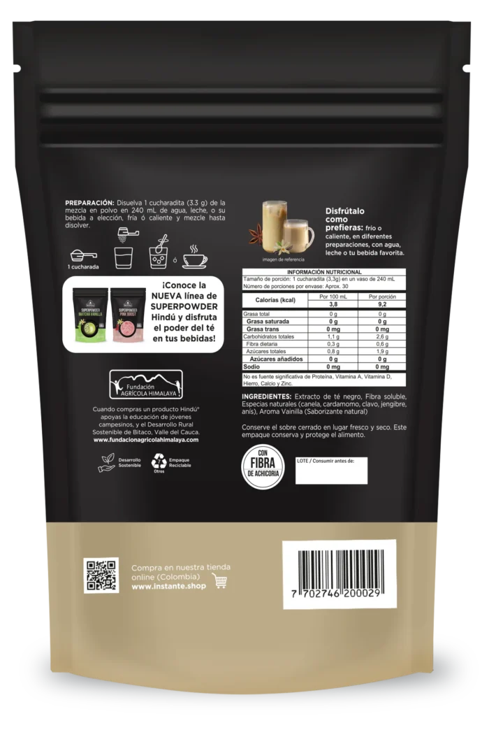 Superpowder Chai Vanilla - Mezcla en Polvo de Té Negro con Especias y Sabor a Vainilla - Hindú - 100 g - Imagen 2